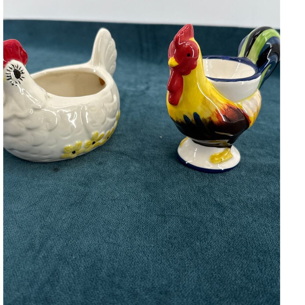 Rooster Chicken Kitchen Decor Egg Cup Sponge Holder Ceramic Farmhouse Set of 2